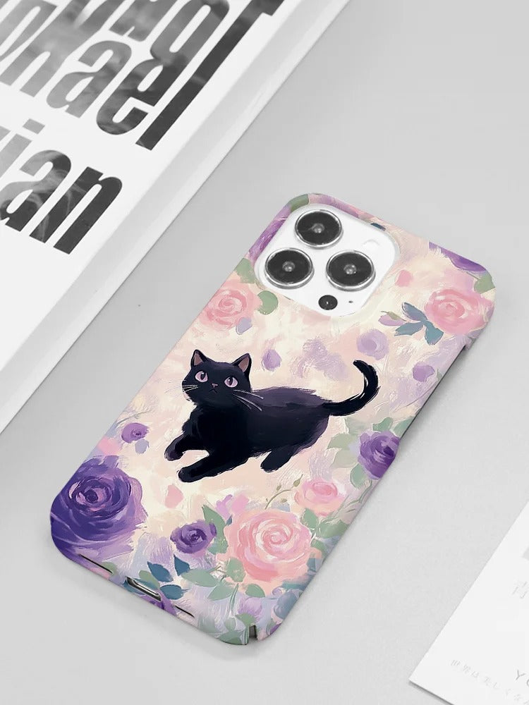 黒猫の花柄スマホケース