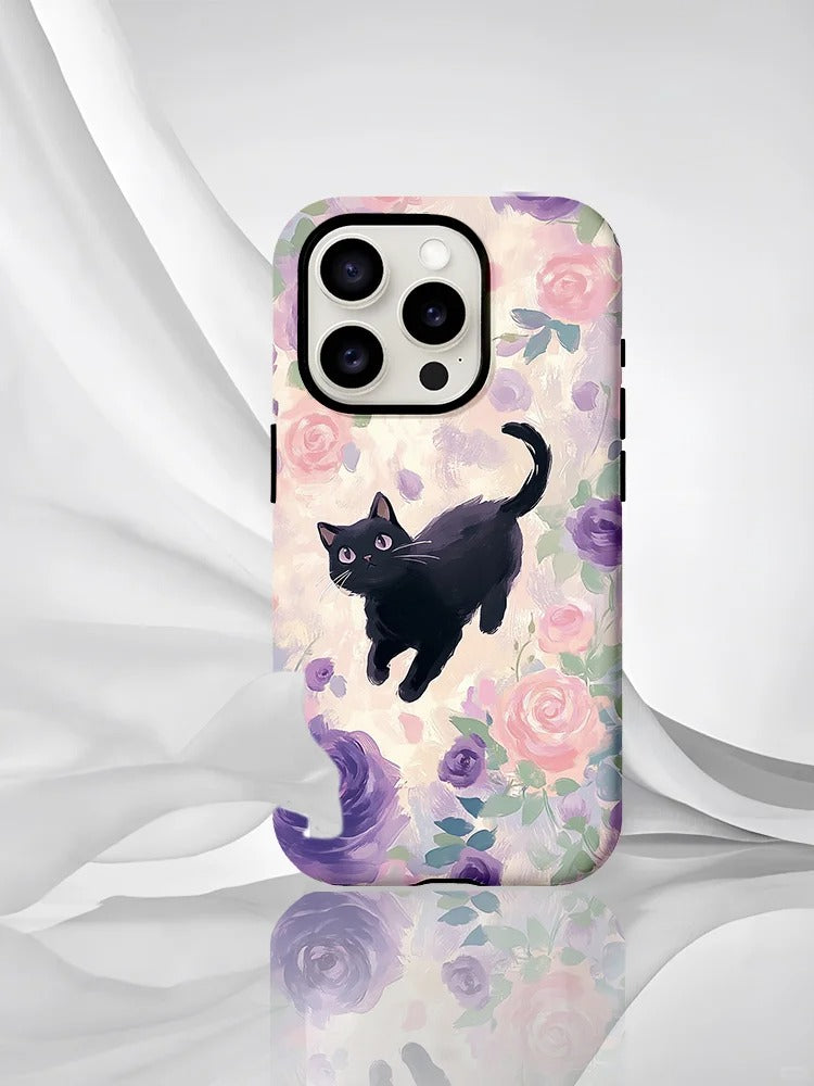 黒猫の花柄スマホケース