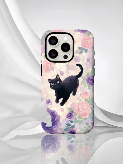 黒猫の花柄スマホケース