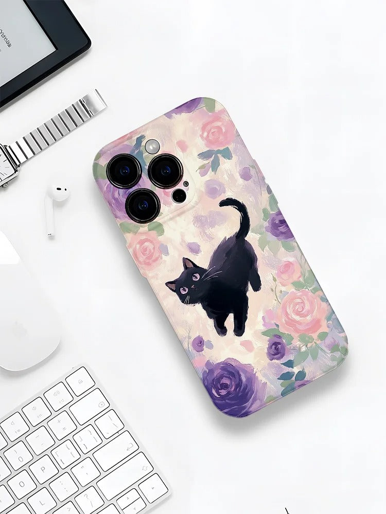 黒猫の花柄スマホケース
