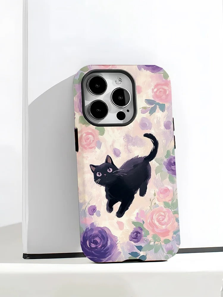 黒猫の花柄スマホケース