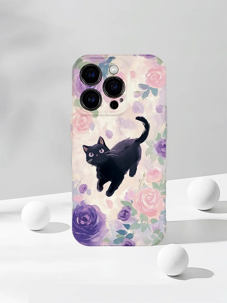 黒猫の花柄スマホケース
